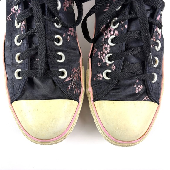 VTG Y2K Converse Black Satin Sneakers Sz M9 W11 Pink Cherry Blossom Embroidery - Picture 2 of 15